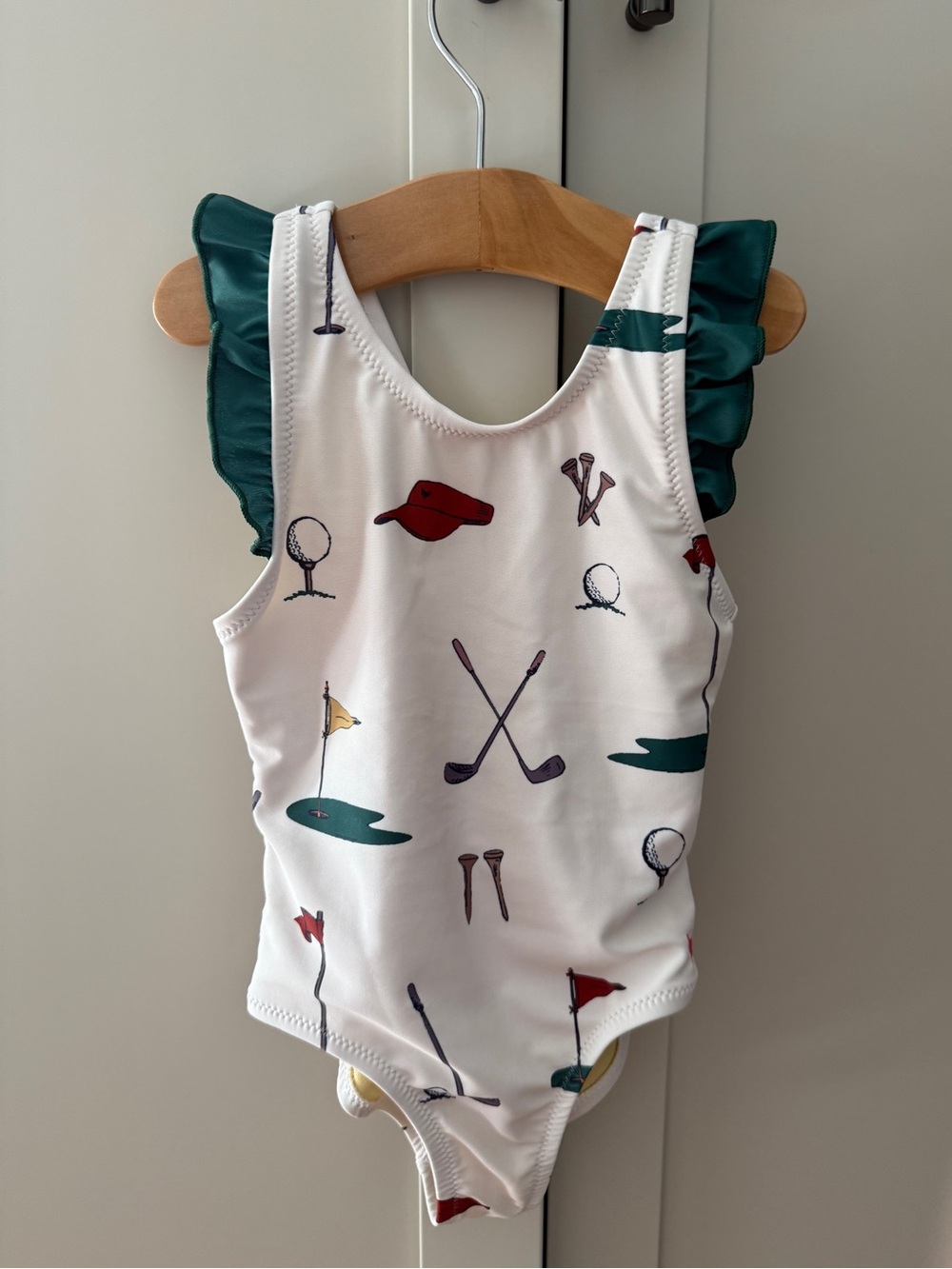 Pink Chicken White Swimsuit with Green and Yellow Accents